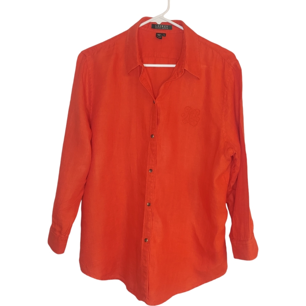 Lauren Ralph Lauren Linen Button-Down 3/4 Sleeve Orange-Red Crest Blouse…